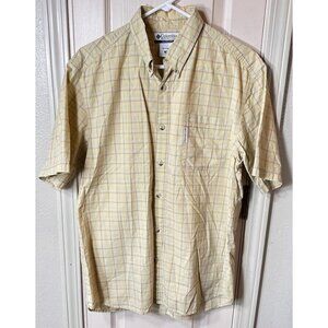 Columbia Mens Med Yellow Plaid Outdoor Hiking Short Sleeve Full Button Shirt